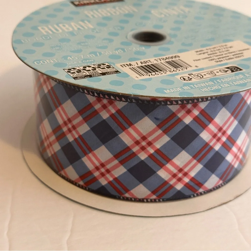 New Kirkland Signature Wired-Edged Ribbon Blue and Red Plaid 50Yard